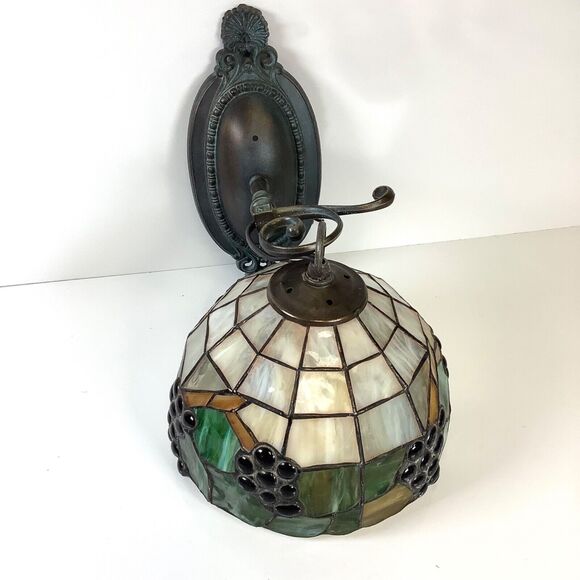 Stained Glass Hanging Electric Wall Sconce Grapes Metal Bracket Deco Mission - Picture 2 of 11